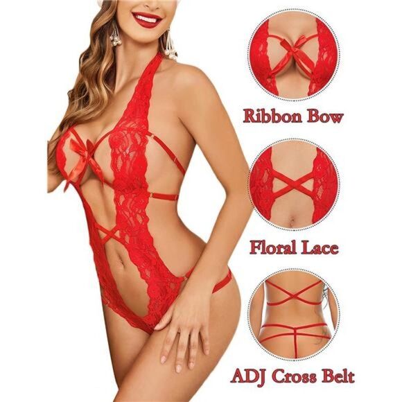 Deep V Halter Lingerie Teddy One Piece Bodysuit Lace Babydoll